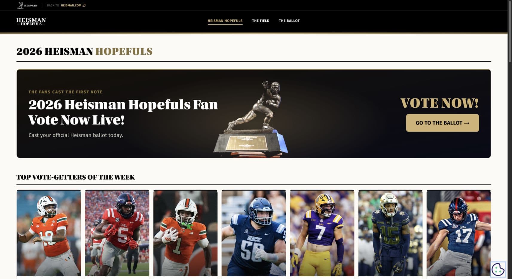 Heisman Hopefuls live homepage with fan ballot and featured players