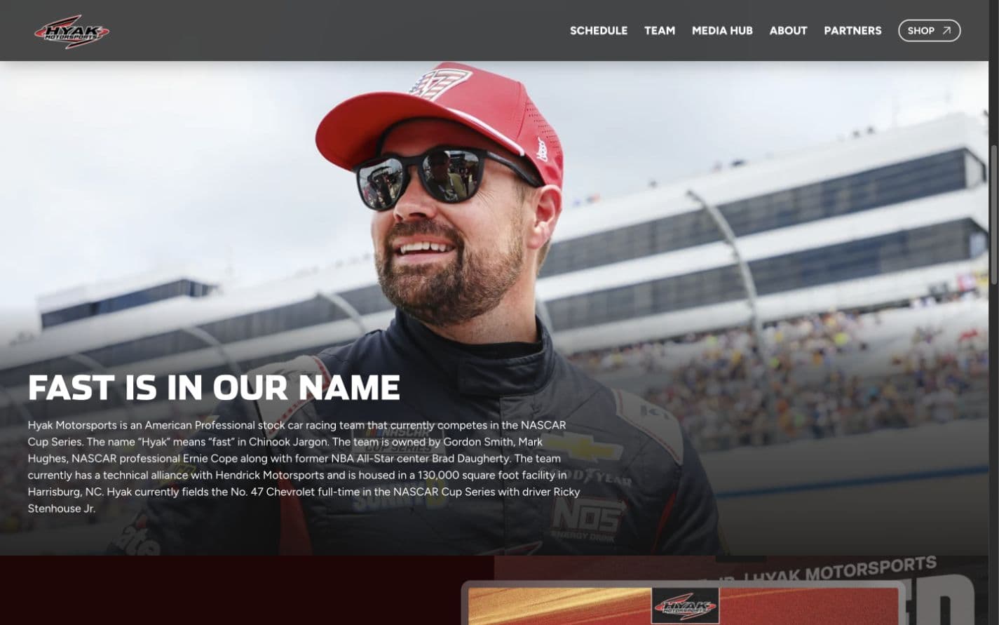 Live Hyak Motorsports website with Ricky Stenhouse Jr. and team introduction