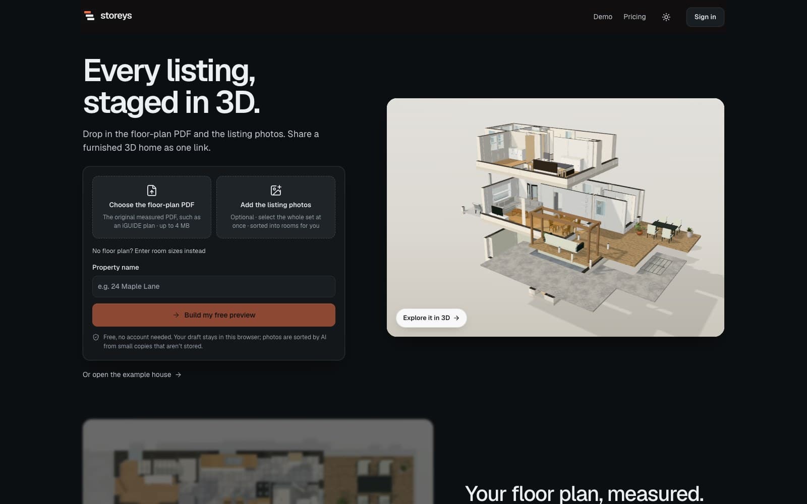 Storeys homepage with the floor-plan and photo upload beside a 3D render of a three-level house